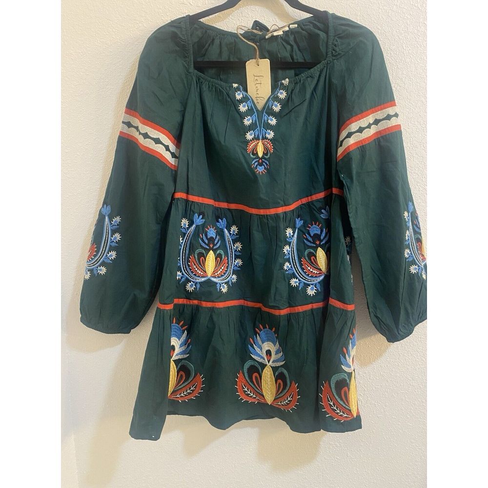 NWT Anthropologie Let‎ Me Be Green Embroidered Tunic Dress MP
